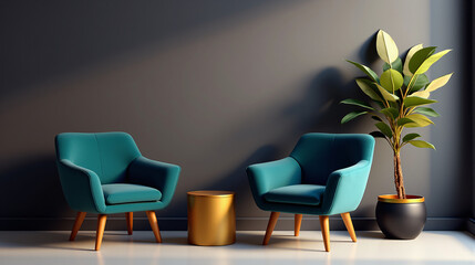 Modern Teal Armchairs and Gold Side Table in a Cozy Living Space