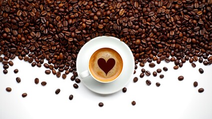 A delightful cup of coffee with a heart-shaped latte art, beautifully surrounded by rich roasted coffee beans on a clean white background. Perfect for conveying warmth, love, and the joy of a perfect 