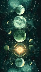 A vertical cosmic composition depicts a sun and various phases of a jade-green moon against a dark teal, star-studded backdrop.  The celestial bodies are arranged vertically, creating a visually