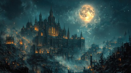 Fototapeta premium Enormous gothic castle illuminated at night under a full moon.