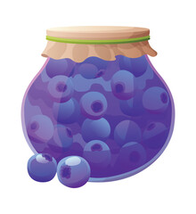 Jam jar with blueberry. Homemade berries and fruit jam, natural organic product. Breakfast food, sweet fruit dessert vector illustration. Winter pot on white background