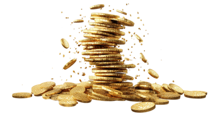 flying golden casino chips isolated on transparent white background, 