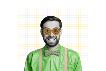 Composite photo collage of crazy guy wear bow tie suspenders shirt glasses bitcoin money token trader crypto isolated on painted background