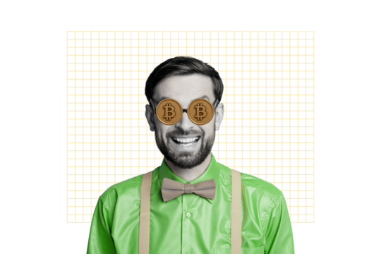 Composite photo collage of crazy guy wear bow tie suspenders shirt glasses bitcoin money token trader crypto isolated on painted background