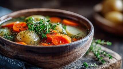 Hearty vegetable stew in a rustic bowl with carrots potatoes and fresh herbs close up view