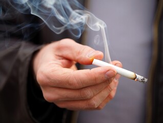 Close-up of a hand holding a lit cigarette with elegant smoke swirling upwards, symbolizing...