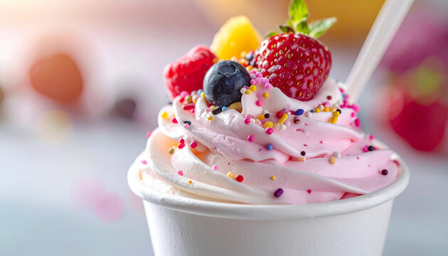 Creamy frozen yogurt in cup, fresh fruit, sprinkles on top. Tasty sweet food. Delicious dessert