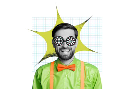 Composite photo collage of crazy guy wear bow tie suspenders shirt glasses target aim game player isolated on painted background - Powered by Adobe