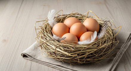Rustic Still Life: Brown Eggs in Hay Nest with Feathers on Linen Cloth
