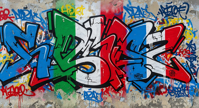Graffiti art with italian and french flag colors on a wall