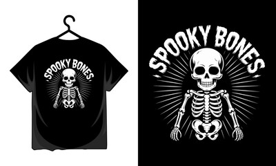 Spooky bones skeleton illustration with retro sunburst and t shirt mockup