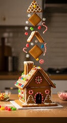 A charming, deconstructed gingerbread house with elements like walls and roof pieces suspended in mid-air, adorned with colorful candies and white icing.