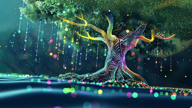 A digital tree with colorful data point leaves and binary code roots, symbolizing the growth of knowledge in the data age. Big data visualization