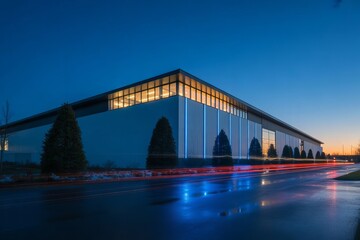 Modern Industrial Building at Dusk with Illuminated Facade and Light Trails, Architecture Photography