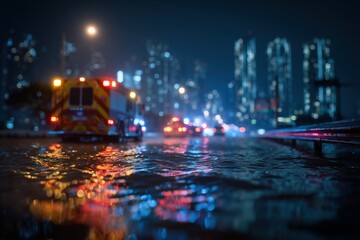 Rainy Night Cityscape with Emergency Vehicle