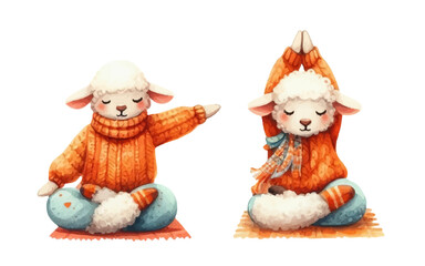 Sheep doing yoga, wearing sweater, mat, autumn, leaves, watercolor style, vector, hand drawn.