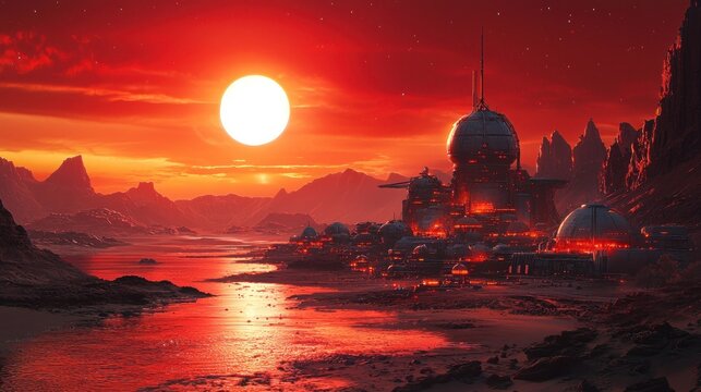 Alien city at red sunset on a desert planet.