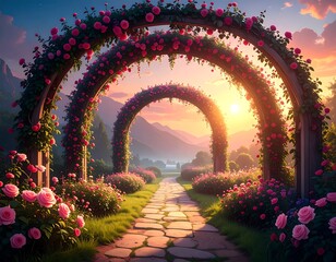 Rose Arch Garden Path Sunset