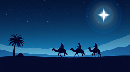 The way of hope, Camel Caravan in Desert at Night with Crescent Moon