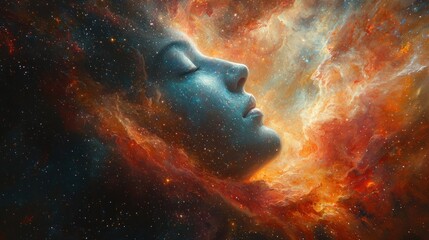 Serene woman's face merges with vibrant nebula, cosmic dreamscape.