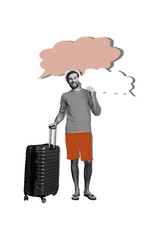 Vertical photo collage of happy man hold suitcase summer travel preparation tourist bubble phrase...