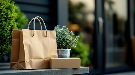 A stylish brown paper bag and box sit on a surface beside a small potted plant, creating a modern, minimalistic outdoor aesthetic.