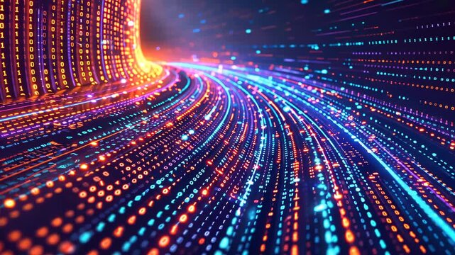 A dynamic network of neon lights and binary code visualizing the flow of big data. Big data visualization