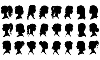 Female Head Silhouette Icon Set – Women Profile and Hairstyle Vector Collection