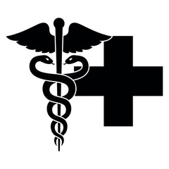 Minimalist black caduceus medical icon isolated on white background