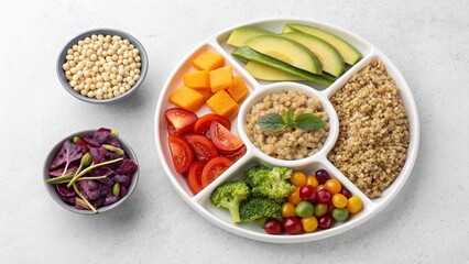 Delightful balanced meal plate featuring grains, vibrant veggies, and sweet fruits for a nutritious lifestyle