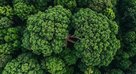 Aerial view of lush green forest canopy with treehouse platform for nature and travel adventure tourism