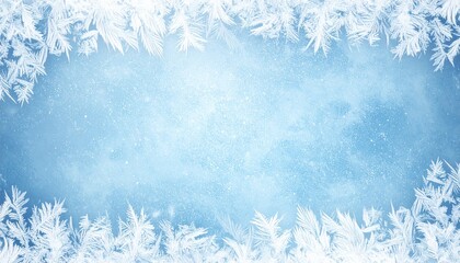 Frosted window with intricate ice crystal patterns forming a natural frame on a blue snowy background.