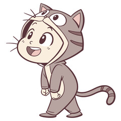 Vector art of happy little boy in a cat costume walking