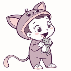 Vector art of happy baby in cat costume holding toy