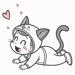 Vector art of cute baby in a cat costume crawling