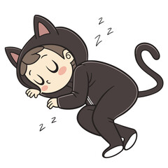 Vector art of cute little child in a black cat costume is sleeping
