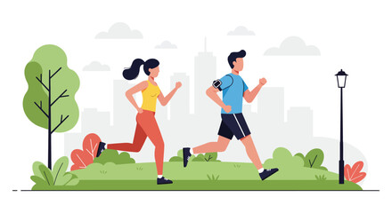 a couple jogging together in a vibrant city park