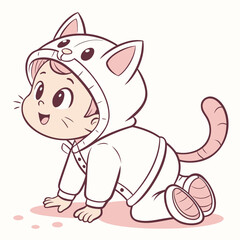 Vector art of cute baby in a cat costume crawling