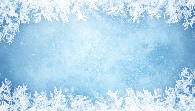 Frosted window with intricate ice crystal patterns forming a natural frame on a blue snowy background. - Powered by Adobe