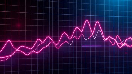 3D futuristic line chart with glowing neon lines on dark grid background, modern cyberpunk infographic design.