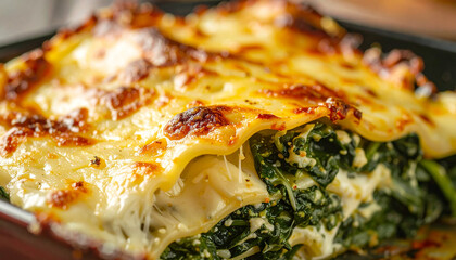 Lasagna Verde, green spinach pasta layers with creamy cheese and bechamel. Tasty food.
