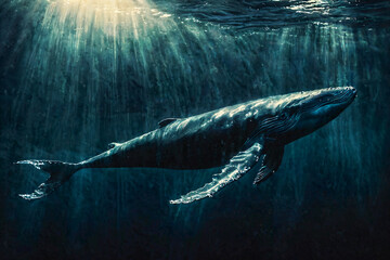 Majestic Humpback Whale Swimming in Sunlit Ocean Depths