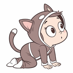 Vector art of surprised baby in a cat costume crawling