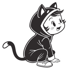 Vector art of little boy in a cat costume sitting