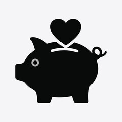 Black silhouette of piggy bank with heart on white background saving money