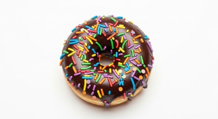 Delicious chocolate donut with colorful sprinkles isolated on a white background