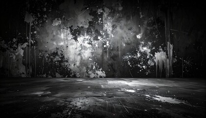 Obraz premium Dark Grunge Room with Abstract Paint Splatters on Concrete Wall and Floor