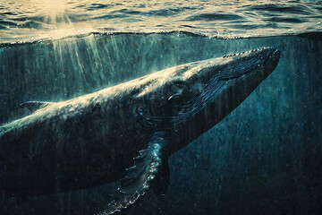 Majestic Humpback Whale Swimming in Sunlit Ocean Depths