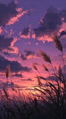 Fototapeta premium A vibrant sunset painted across a dusky sky, casting warm hues upon tall grasses swaying gently in the breeze. The sun's glow partially obscured by clouds