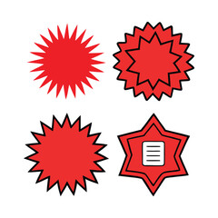 Red starburst badge vector collection with creative label shapes, decorative award seals, sticker tags for sale, retail promotion, marketing emblem, advertising discount sign template illustration